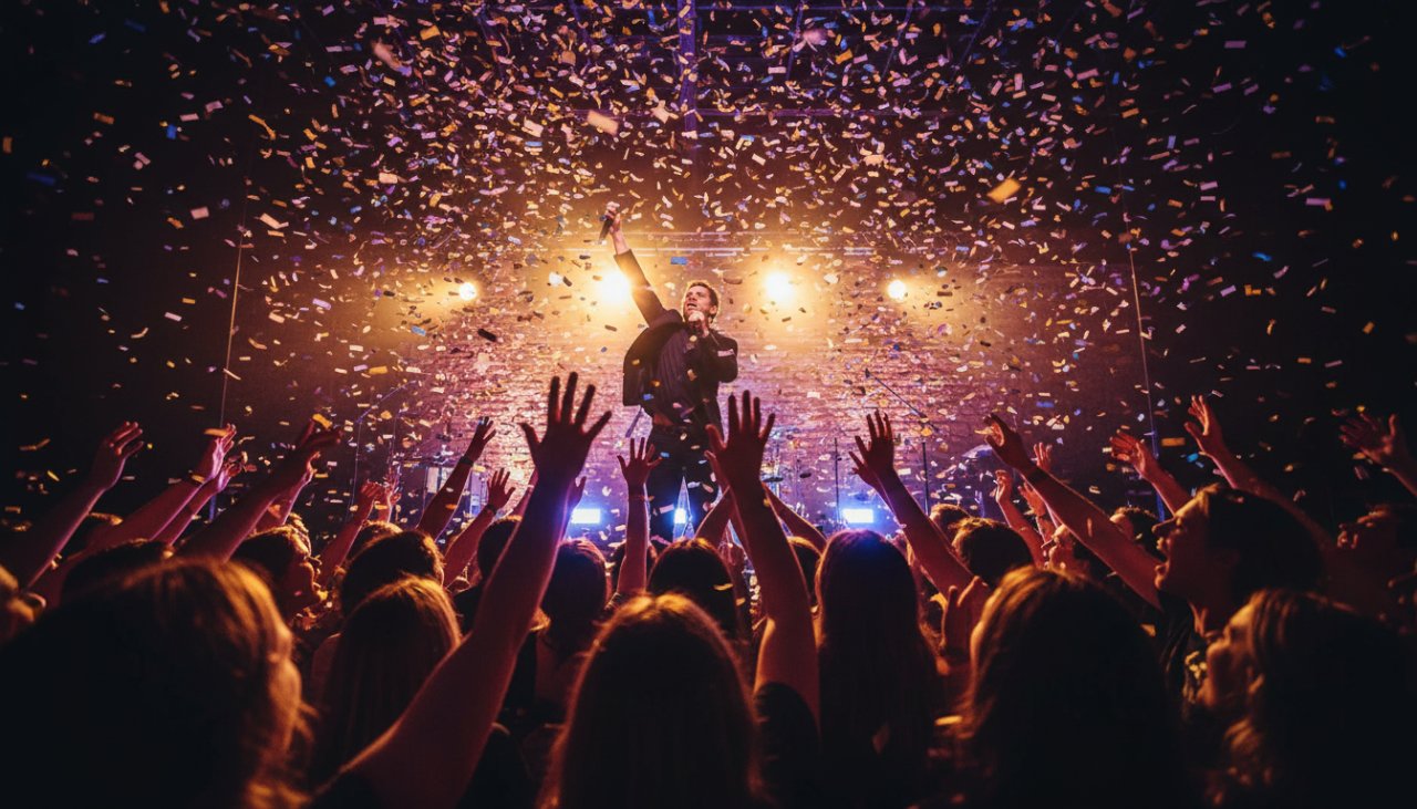 An epic moment of a lead singer silhouetted against vibrant stage lights at a Chum Creek live music photography vibrance event, capturing the raw energy of a performance in the Yarra Valley.