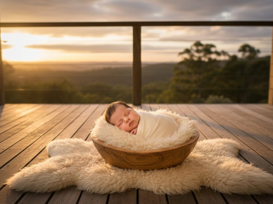 A heartwarming image showcasing Chum Creek natural light baby photography, with a newborn softly swaddled in a rustic wooden basket amidst dappled sunlight filtering through eucalyptus leaves, capturing an epic moment of serene innocence.