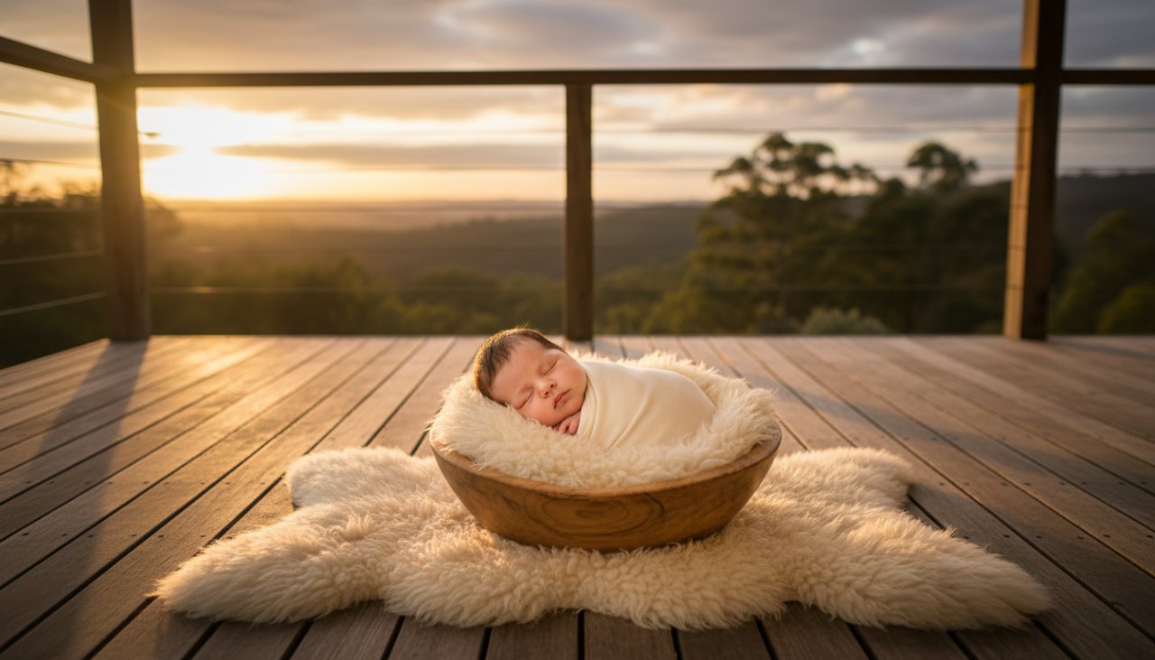 A heartwarming image showcasing Chum Creek natural light baby photography, with a newborn softly swaddled in a rustic wooden basket amidst dappled sunlight filtering through eucalyptus leaves, capturing an epic moment of serene innocence.