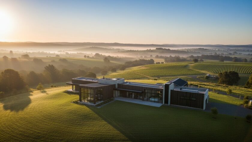 Dramatic drone shot capturing a luxurious modern home nestled amongst the lush, rolling hills of Chum Creek at sunrise, showcasing the property's expansive grounds and serene Yarra Valley backdrop. This epic moment highlights the potential for Chum Creek property photography for standout real estate listings, with golden light illuminating the architecture and natural beauty.