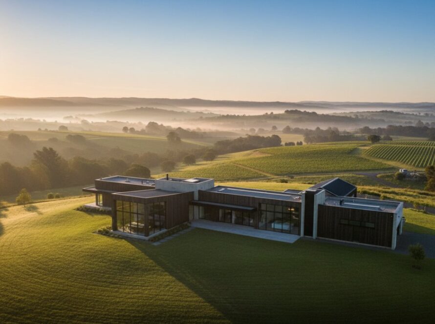 Dramatic drone shot capturing a luxurious modern home nestled amongst the lush, rolling hills of Chum Creek at sunrise, showcasing the property's expansive grounds and serene Yarra Valley backdrop. This epic moment highlights the potential for Chum Creek property photography for standout real estate listings, with golden light illuminating the architecture and natural beauty.