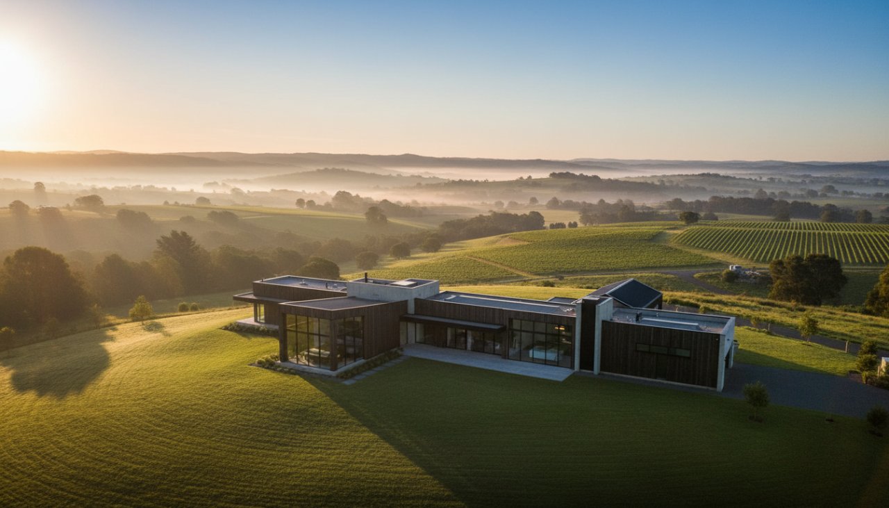 Dramatic drone shot capturing a luxurious modern home nestled amongst the lush, rolling hills of Chum Creek at sunrise, showcasing the property's expansive grounds and serene Yarra Valley backdrop. This epic moment highlights the potential for Chum Creek property photography for standout real estate listings, with golden light illuminating the architecture and natural beauty.