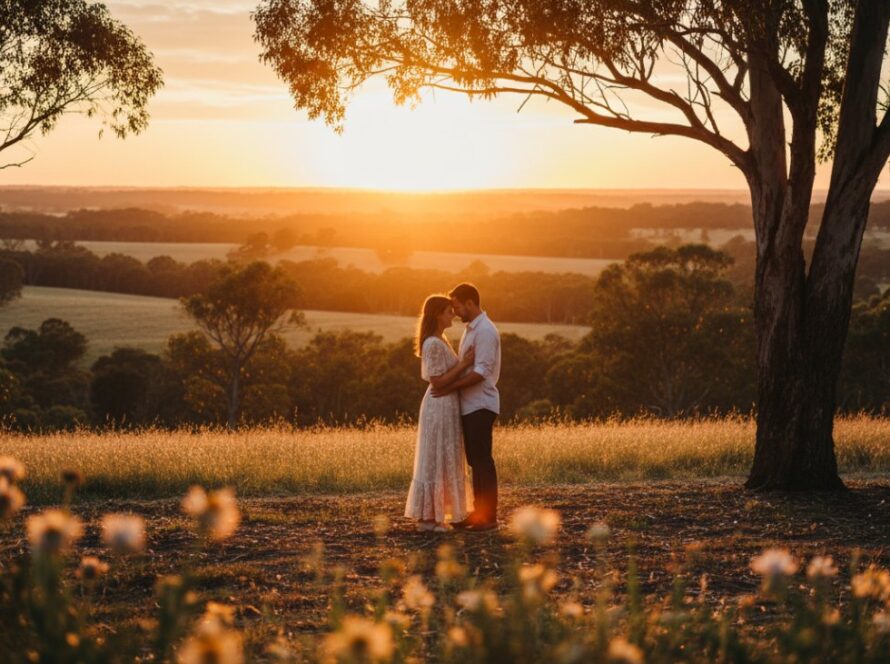 An emotionally resonant, wide-angle epic moment photograph of a couple embracing amidst the golden hour light in the natural bushland of Chum Creek, Victoria. The Chum Creek Victoria engagement photography natural bushland setting highlights their love story with a cinematic, warm glow, showing the natural beauty of the area as a backdrop.