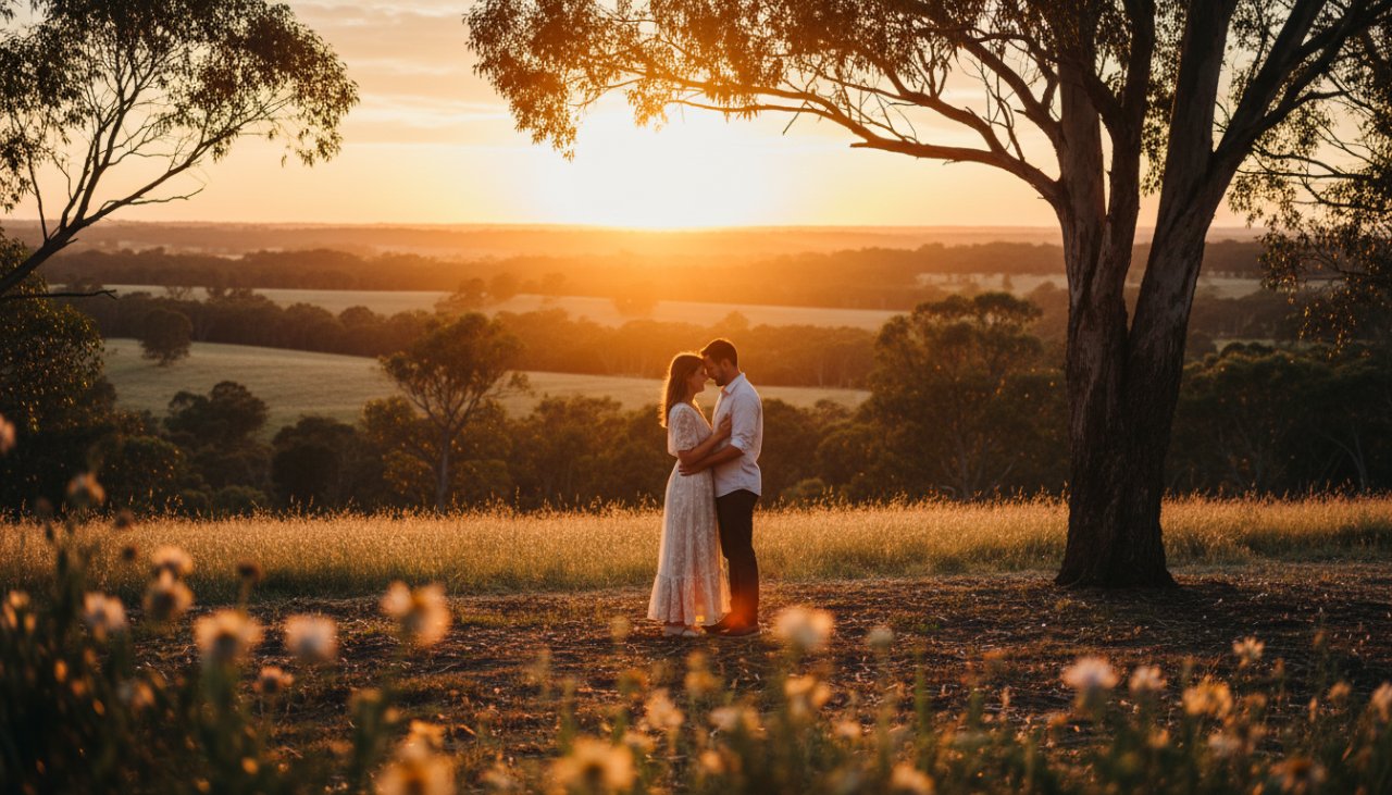 An emotionally resonant, wide-angle epic moment photograph of a couple embracing amidst the golden hour light in the natural bushland of Chum Creek, Victoria. The Chum Creek Victoria engagement photography natural bushland setting highlights their love story with a cinematic, warm glow, showing the natural beauty of the area as a backdrop.