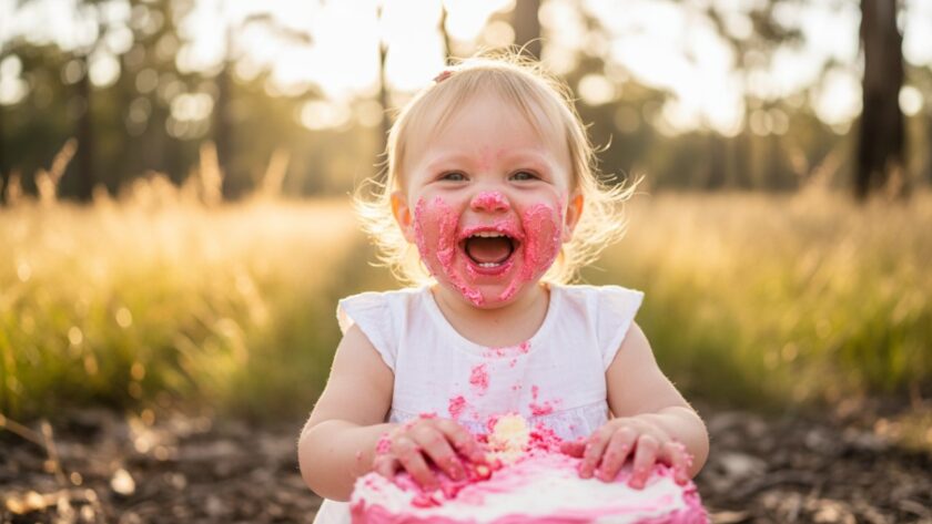 An adorable one-year-old child covered in cake, laughing joyfully amidst a rustic, sun-drenched outdoor setting in Chum Creek, capturing the pure essence of Chum Creek Victoria first birthday cake smash joy.