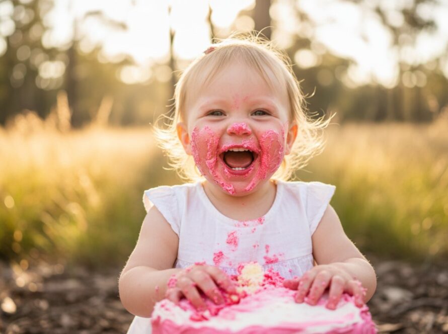 An adorable one-year-old child covered in cake, laughing joyfully amidst a rustic, sun-drenched outdoor setting in Chum Creek, capturing the pure essence of Chum Creek Victoria first birthday cake smash joy.