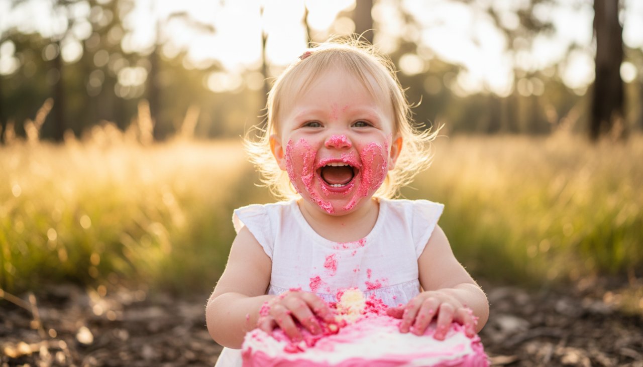 An adorable one-year-old child covered in cake, laughing joyfully amidst a rustic, sun-drenched outdoor setting in Chum Creek, capturing the pure essence of Chum Creek Victoria first birthday cake smash joy.