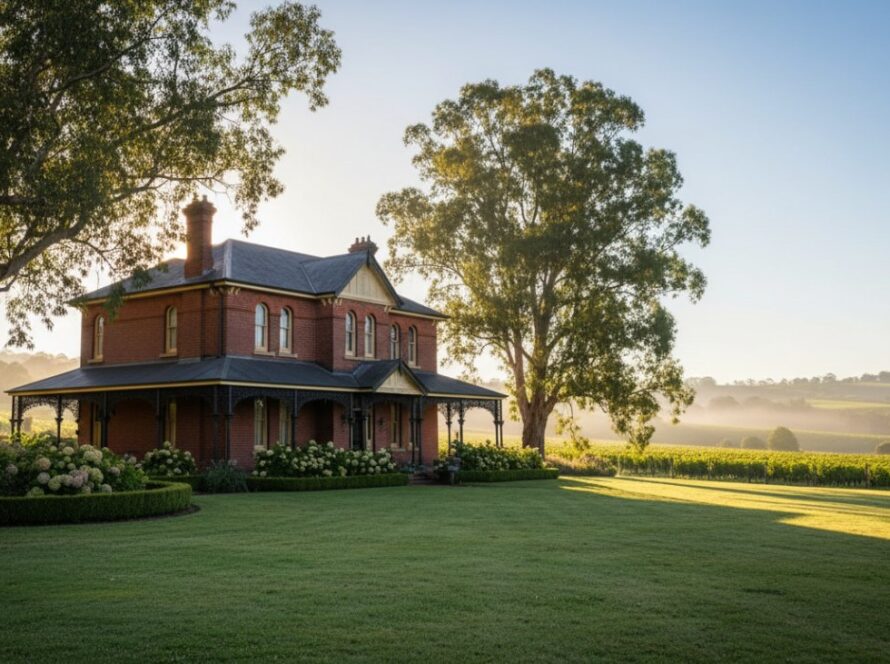 An epic, cinematic dawn shot showcasing stunning Chum Creek Victoria heritage architecture photography, with a grand, historic building bathed in golden light, its intricate details highlighted against a misty Yarra Valley landscape, symbolizing timeless beauty.