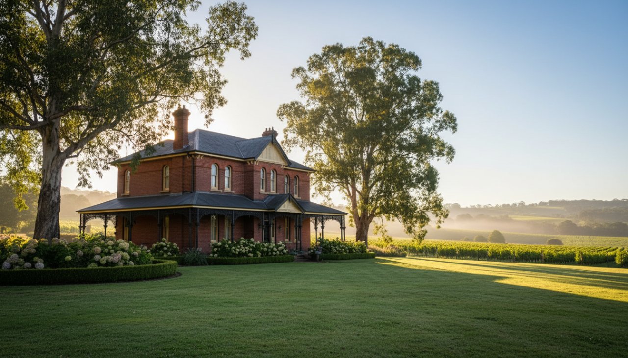 An epic, cinematic dawn shot showcasing stunning Chum Creek Victoria heritage architecture photography, with a grand, historic building bathed in golden light, its intricate details highlighted against a misty Yarra Valley landscape, symbolizing timeless beauty.