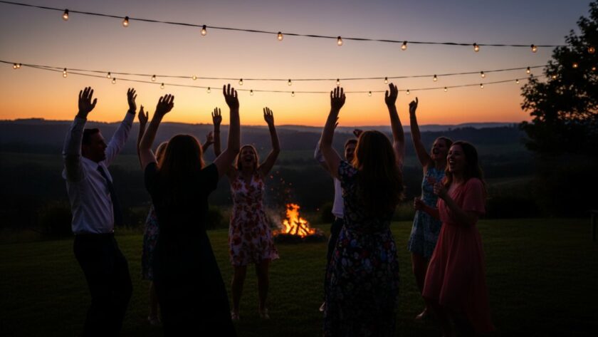 An epic moment of joyful laughter and dancing at a lively outdoor evening party in Chum Creek, Victoria, captured with vibrant party photography, showcasing friends silhouetted against string lights and a warm sunset glow.