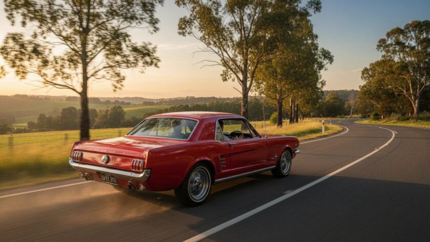 A stunning shot of a gleaming classic car, bathed in golden hour light, driving through the winding, tree-lined roads of Chum Creek, capturing the essence of a Chum Creek vintage car photography experience.