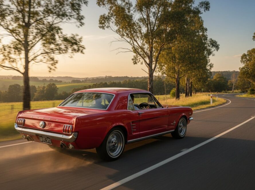 A stunning shot of a gleaming classic car, bathed in golden hour light, driving through the winding, tree-lined roads of Chum Creek, capturing the essence of a Chum Creek vintage car photography experience.