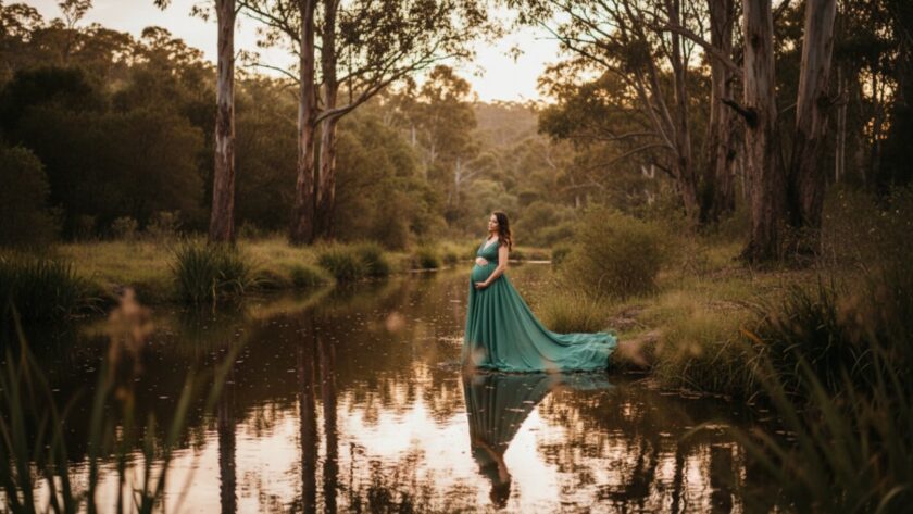 An expectant mother, bathed in golden hour light, embracing her baby bump amidst the tranquil natural beauty of Chum Creek, capturing Chum Creek's bespoke maternity photography experience. She stands by a serene creek with lush greenery, wearing a flowing gown, evoking peace and anticipation.