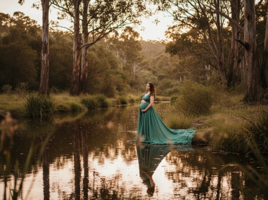 An expectant mother, bathed in golden hour light, embracing her baby bump amidst the tranquil natural beauty of Chum Creek, capturing Chum Creek's bespoke maternity photography experience. She stands by a serene creek with lush greenery, wearing a flowing gown, evoking peace and anticipation.