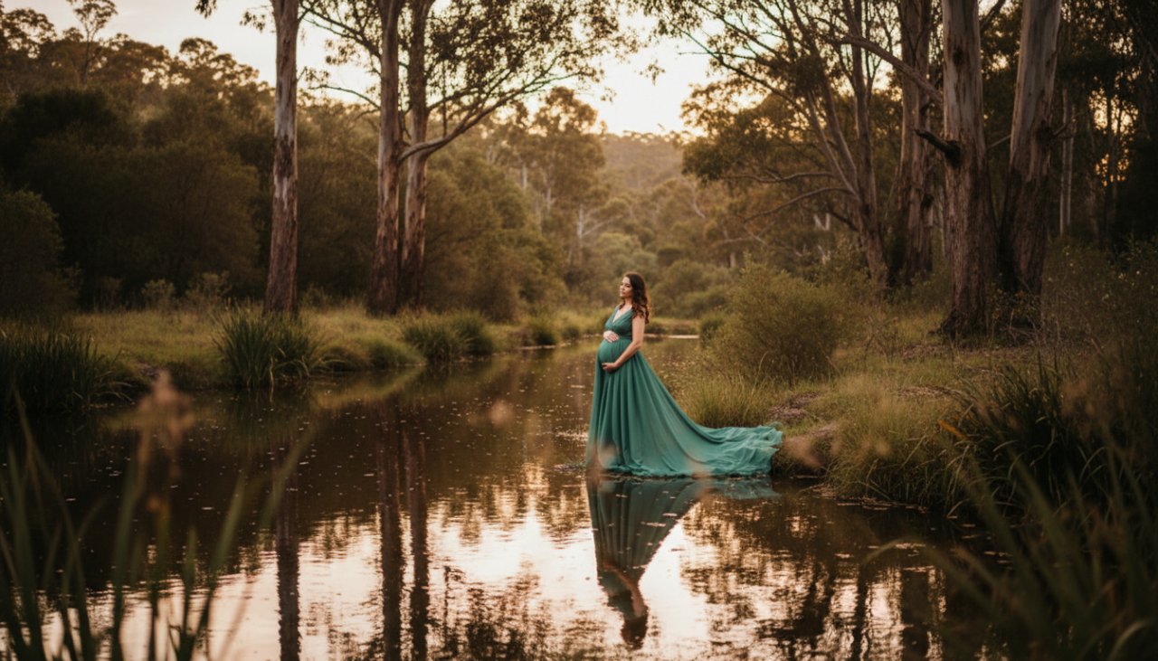 An expectant mother, bathed in golden hour light, embracing her baby bump amidst the tranquil natural beauty of Chum Creek, capturing Chum Creek's bespoke maternity photography experience. She stands by a serene creek with lush greenery, wearing a flowing gown, evoking peace and anticipation.