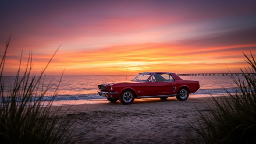 A stunning 'classic car photography Rye foreshore sunset' shot, featuring a pristine vintage muscle car parked elegantly on the sandy foreshore, bathed in the warm, golden light of a setting sun over Port Phillip Bay, with subtle lens flare and a dramatic sky.