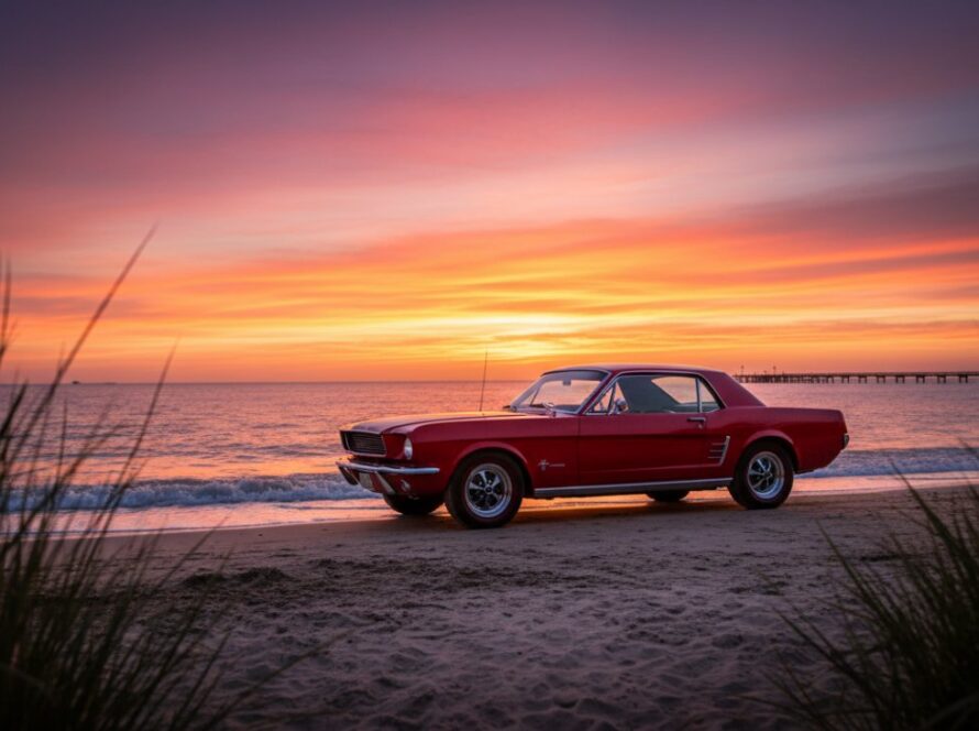 A stunning 'classic car photography Rye foreshore sunset' shot, featuring a pristine vintage muscle car parked elegantly on the sandy foreshore, bathed in the warm, golden light of a setting sun over Port Phillip Bay, with subtle lens flare and a dramatic sky.