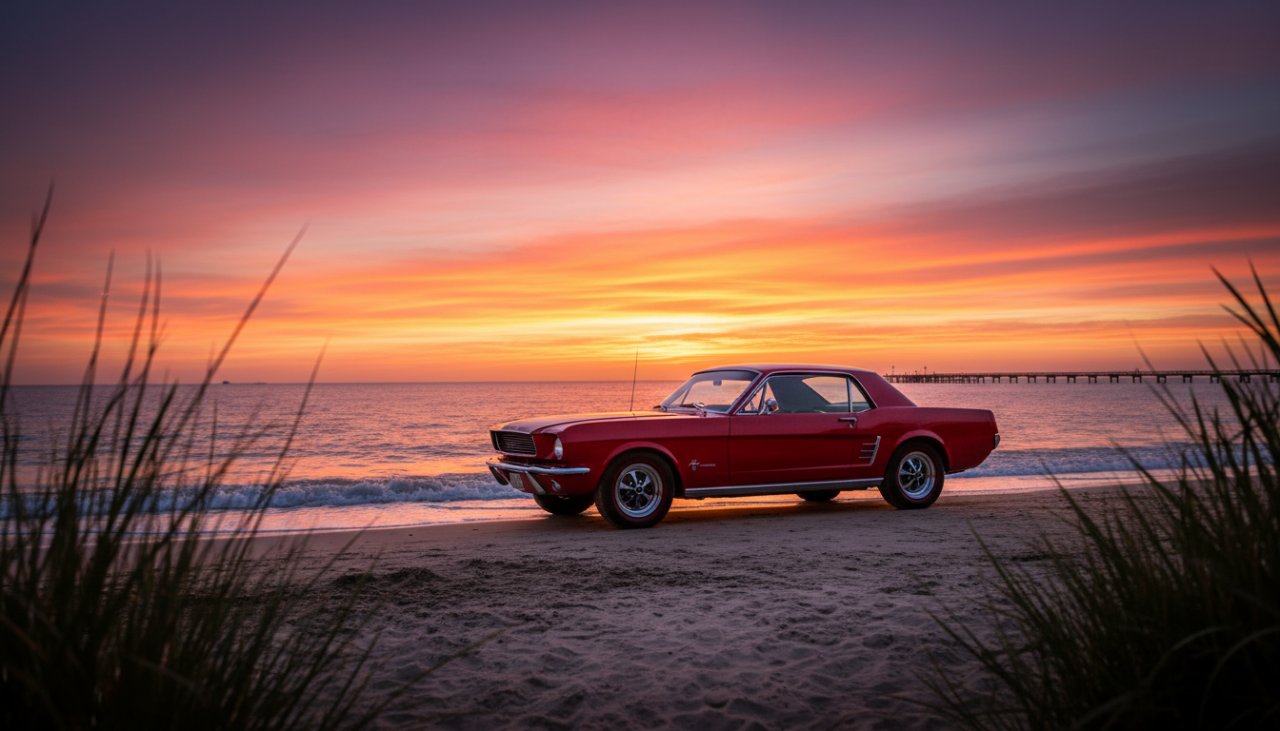 A stunning 'classic car photography Rye foreshore sunset' shot, featuring a pristine vintage muscle car parked elegantly on the sandy foreshore, bathed in the warm, golden light of a setting sun over Port Phillip Bay, with subtle lens flare and a dramatic sky.