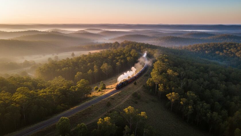 An epic drone shot capturing the Clematis aerial photography majestic Dandenongs vistas, with a serene mist hanging over the rolling hills and a distant view of the historic Puffing Billy train winding through lush forests at sunrise.