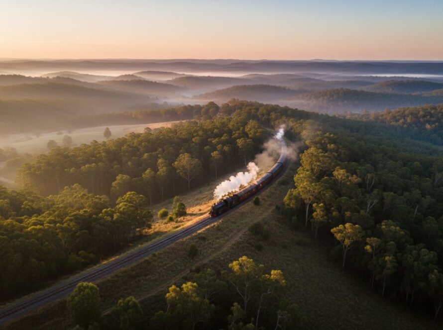 An epic drone shot capturing the Clematis aerial photography majestic Dandenongs vistas, with a serene mist hanging over the rolling hills and a distant view of the historic Puffing Billy train winding through lush forests at sunrise.