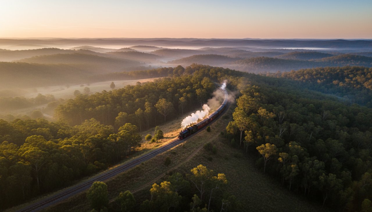An epic drone shot capturing the Clematis aerial photography majestic Dandenongs vistas, with a serene mist hanging over the rolling hills and a distant view of the historic Puffing Billy train winding through lush forests at sunrise.
