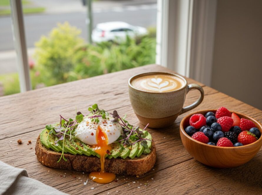 An epic moment captured: a vibrant, artfully arranged platter of artisanal pastries and coffee, expertly lit on a rustic wooden table in a sun-drenched Clematis cafe, showcasing the exceptional skill of a Clematis artisanal food photography expert.
