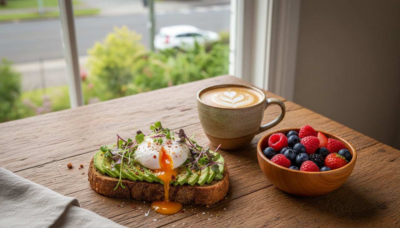 An epic moment captured: a vibrant, artfully arranged platter of artisanal pastries and coffee, expertly lit on a rustic wooden table in a sun-drenched Clematis cafe, showcasing the exceptional skill of a Clematis artisanal food photography expert.