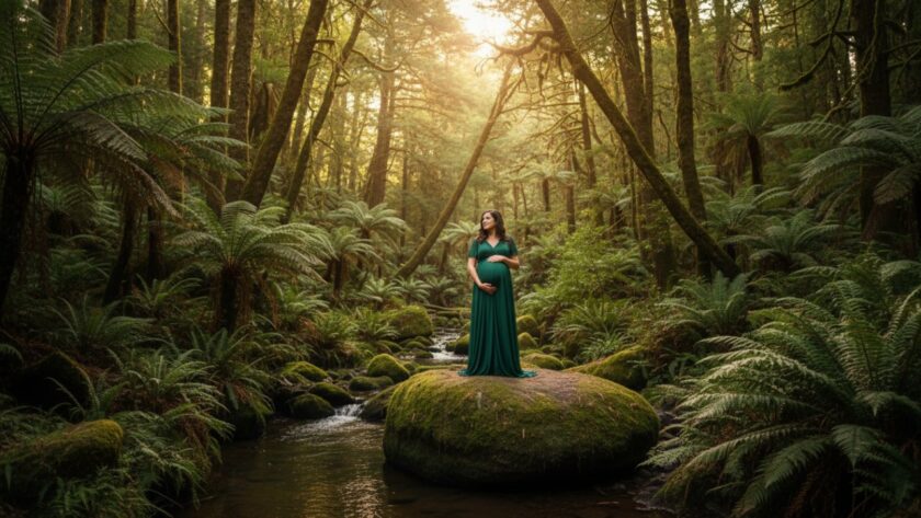 A radiant pregnant woman, bathed in golden hour light, embraces her belly amidst the lush fern gully of Sherbrooke Forest near Clematis, capturing the serene Clematis Dandenong Ranges Maternity Photography Experience.