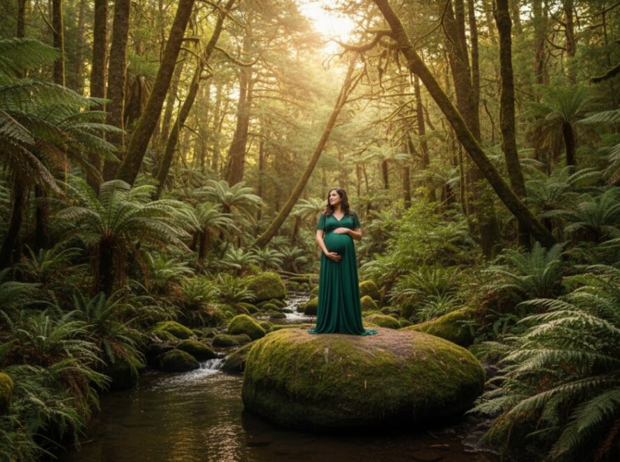 A radiant pregnant woman, bathed in golden hour light, embraces her belly amidst the lush fern gully of Sherbrooke Forest near Clematis, capturing the serene Clematis Dandenong Ranges Maternity Photography Experience.