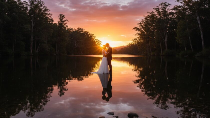 A couple embraces tenderly at sunset by a tranquil lake, bathed in golden light, capturing their Clematis engagement photography Dandenong Ranges magic amidst towering trees.