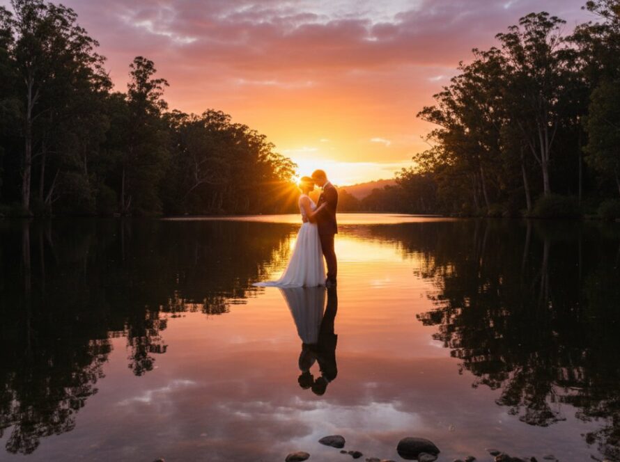 A couple embraces tenderly at sunset by a tranquil lake, bathed in golden light, capturing their Clematis engagement photography Dandenong Ranges magic amidst towering trees.
