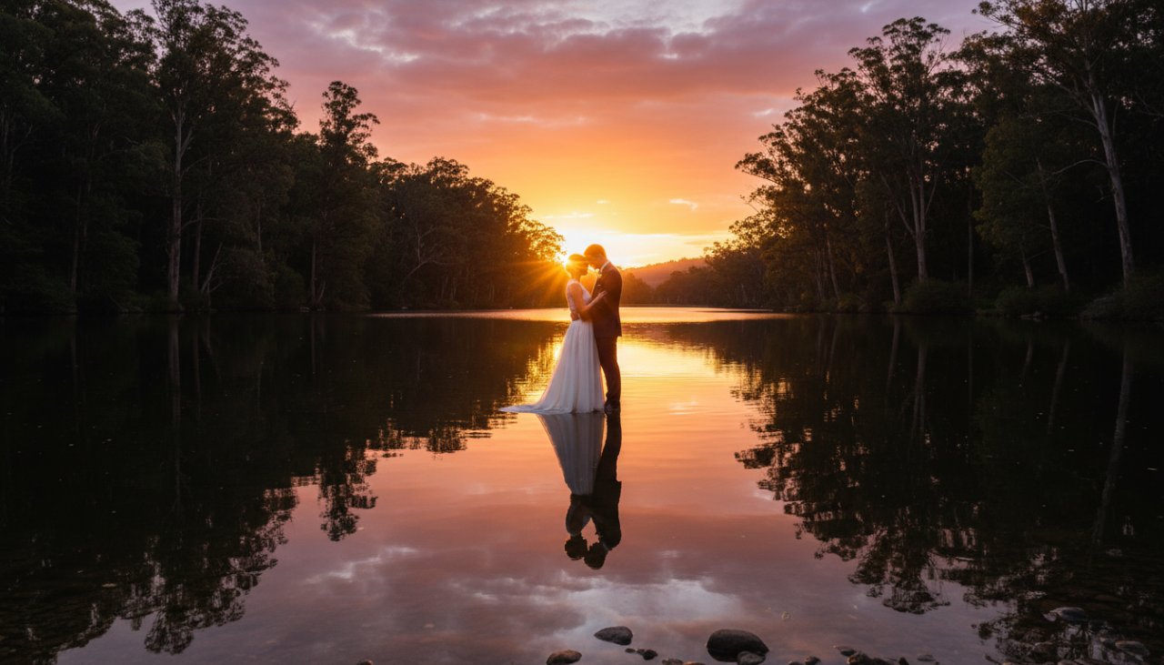 A couple embraces tenderly at sunset by a tranquil lake, bathed in golden light, capturing their Clematis engagement photography Dandenong Ranges magic amidst towering trees.