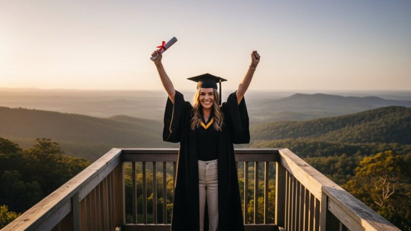 An epic, joyful photograph of a university graduate in a cap and gown, proudly holding their degree certificate high against the stunning backdrop of the Dandenong Ranges near Clematis, capturing their Clematis Graduation Photography Capturing Milestone Moments.