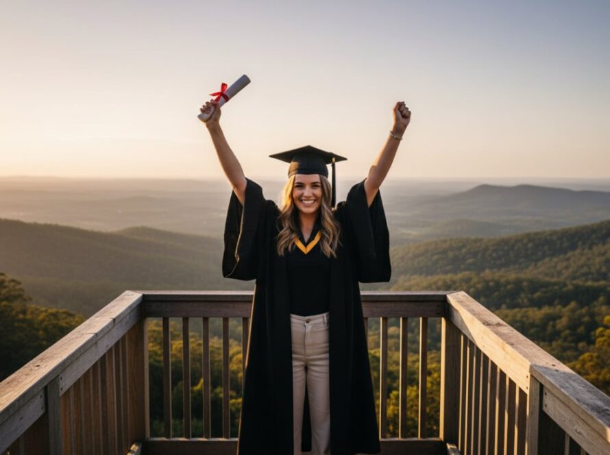An epic, joyful photograph of a university graduate in a cap and gown, proudly holding their degree certificate high against the stunning backdrop of the Dandenong Ranges near Clematis, capturing their Clematis Graduation Photography Capturing Milestone Moments.