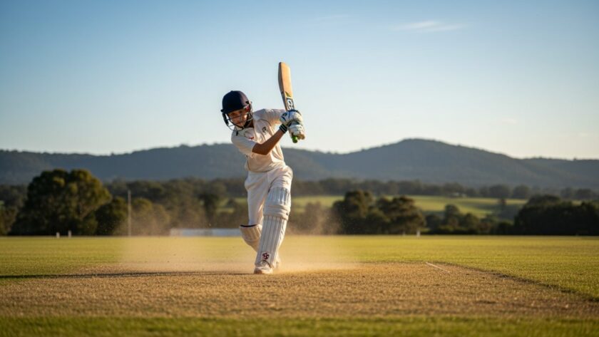 Dynamic close-up of a young cricketer hitting a powerful drive during Clematis junior cricket action photography, golden hour sunlight highlighting dust kicked up on the pitch, with lush green Victorian hills in the background, capturing a moment of pure focus and athletic potential.