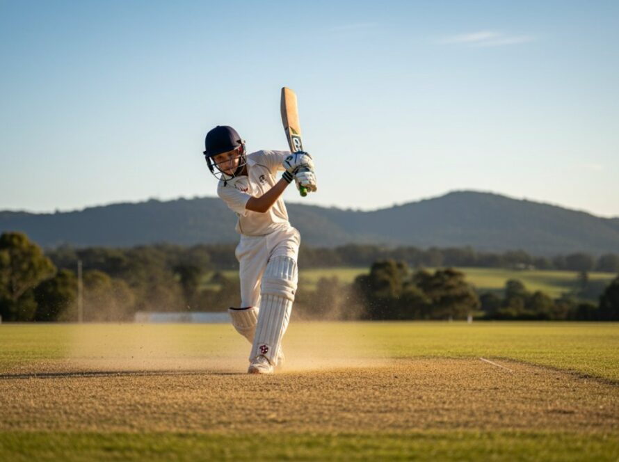 Dynamic close-up of a young cricketer hitting a powerful drive during Clematis junior cricket action photography, golden hour sunlight highlighting dust kicked up on the pitch, with lush green Victorian hills in the background, capturing a moment of pure focus and athletic potential.