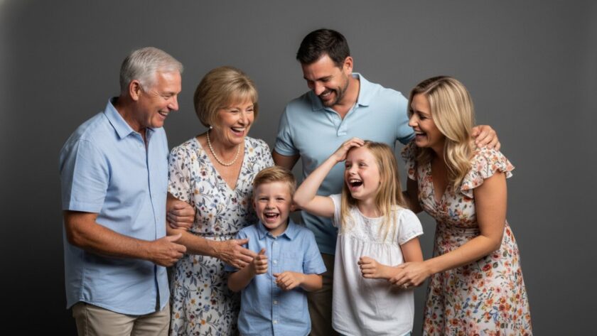 A heartwarming and dynamic Clematis studio photography for unforgettable family portraits, capturing a multigenerational family mid-laugh, bathed in soft, professional lighting against a classic backdrop, showcasing genuine connection and joy.