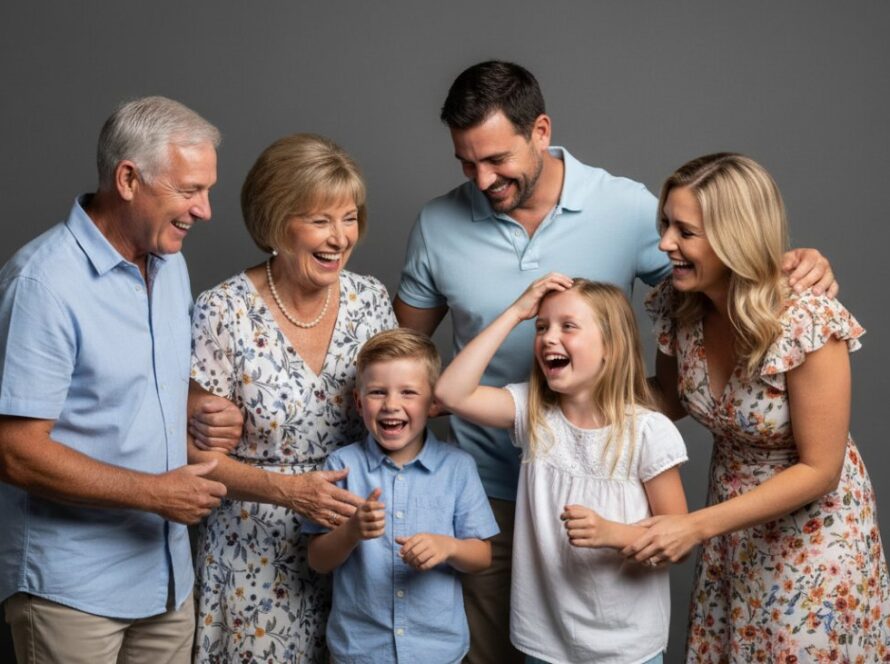A heartwarming and dynamic Clematis studio photography for unforgettable family portraits, capturing a multigenerational family mid-laugh, bathed in soft, professional lighting against a classic backdrop, showcasing genuine connection and joy.