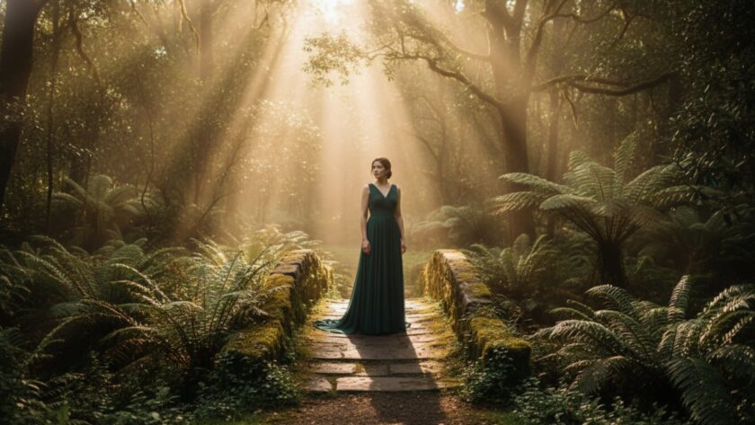 An epic moment capturing a stunning Clematis Victoria fine art photography portrait of a woman standing gracefully amidst the lush fern gully, dramatic natural light highlighting her serene expression and the intricate details of her flowing gown.