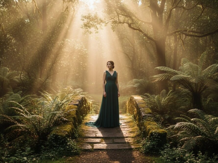 An epic moment capturing a stunning Clematis Victoria fine art photography portrait of a woman standing gracefully amidst the lush fern gully, dramatic natural light highlighting her serene expression and the intricate details of her flowing gown.