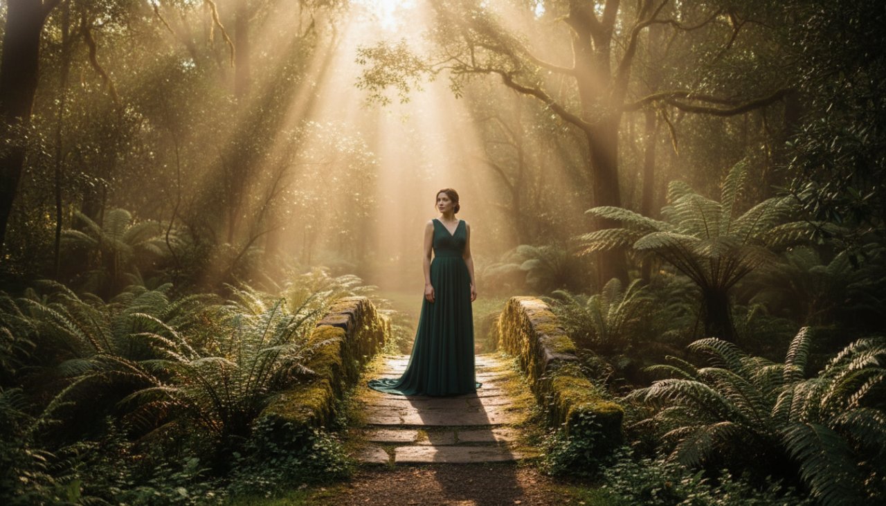 An epic moment capturing a stunning Clematis Victoria fine art photography portrait of a woman standing gracefully amidst the lush fern gully, dramatic natural light highlighting her serene expression and the intricate details of her flowing gown.