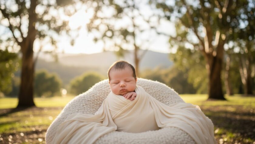 An ethereal epic moment captured in Clematis Victoria natural light baby photography sessions: a sleeping newborn baby, swaddled in soft white fabric, gently cradled in parents' hands, bathed in golden hour light filtering through tall eucalyptus trees, with the soft, blurred greens of the Dandenong Ranges in the background. The scene evokes warmth, peace, and pure parental love.