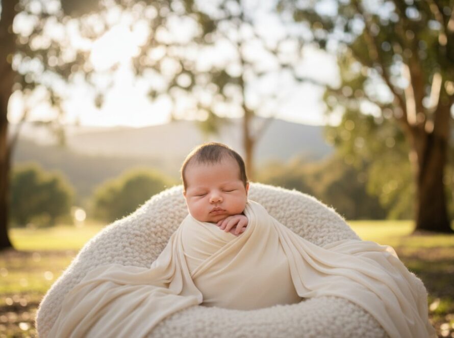 An ethereal epic moment captured in Clematis Victoria natural light baby photography sessions: a sleeping newborn baby, swaddled in soft white fabric, gently cradled in parents' hands, bathed in golden hour light filtering through tall eucalyptus trees, with the soft, blurred greens of the Dandenong Ranges in the background. The scene evokes warmth, peace, and pure parental love.