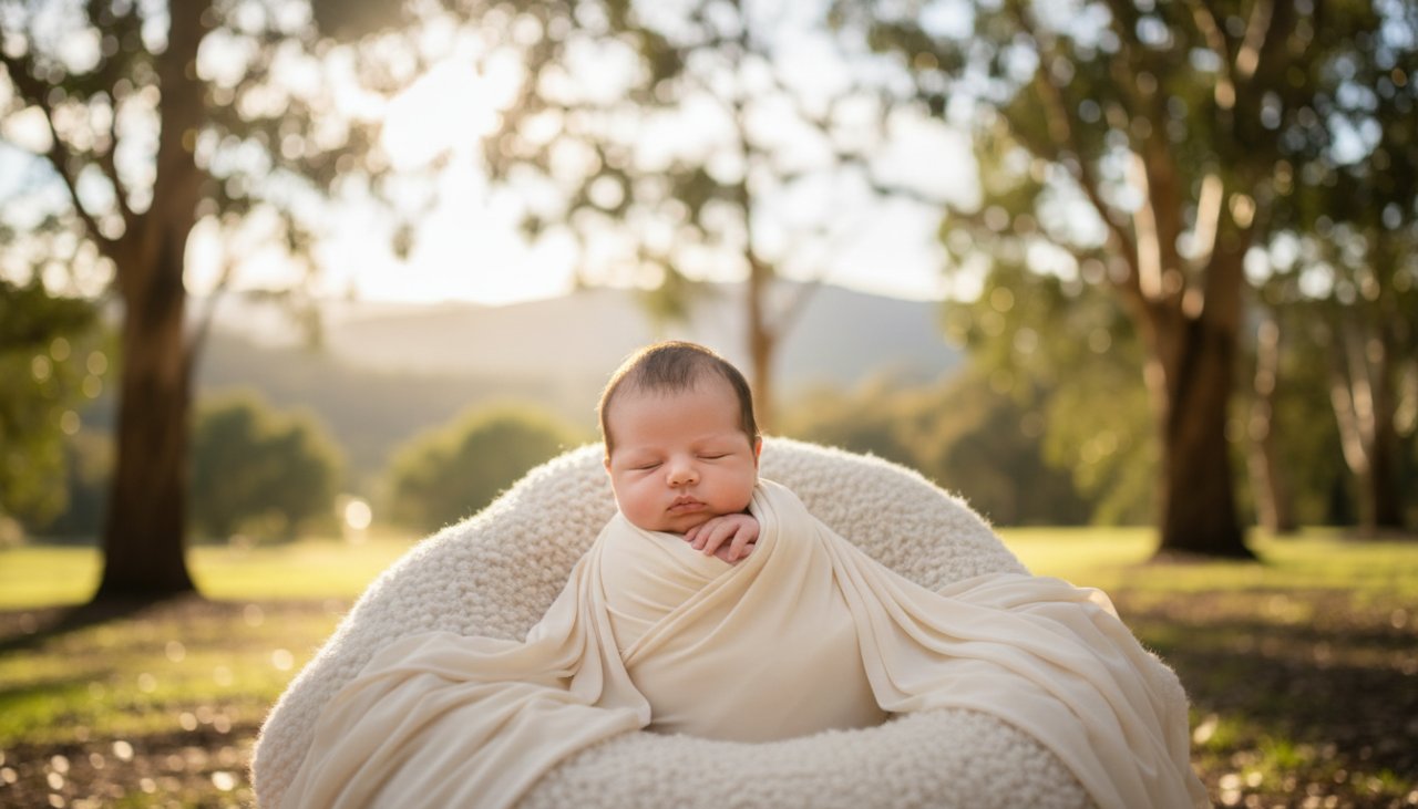 An ethereal epic moment captured in Clematis Victoria natural light baby photography sessions: a sleeping newborn baby, swaddled in soft white fabric, gently cradled in parents' hands, bathed in golden hour light filtering through tall eucalyptus trees, with the soft, blurred greens of the Dandenong Ranges in the background. The scene evokes warmth, peace, and pure parental love.