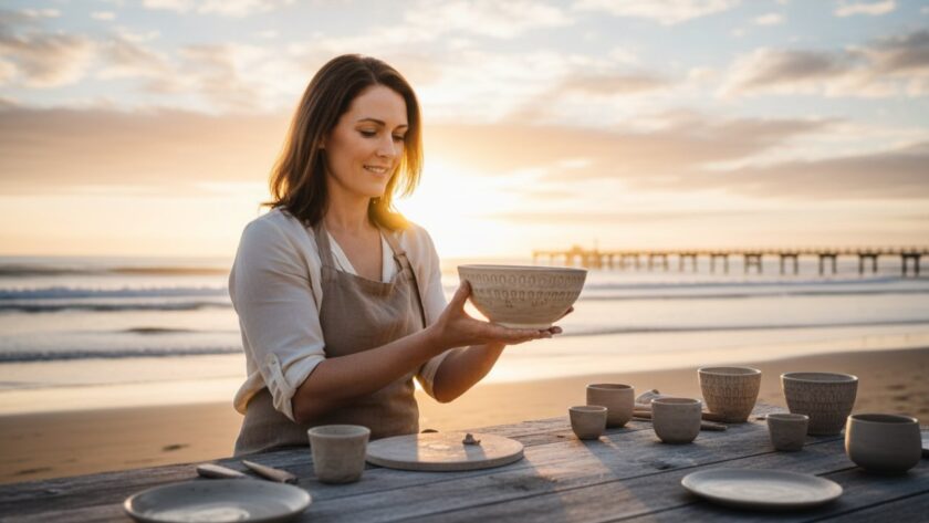 A vibrant, professionally color-graded photograph capturing an entrepreneur's authentic coastal business branding Balnarring Beach Victoria session, featuring dynamic natural light highlighting their product against the serene beach backdrop at sunrise.