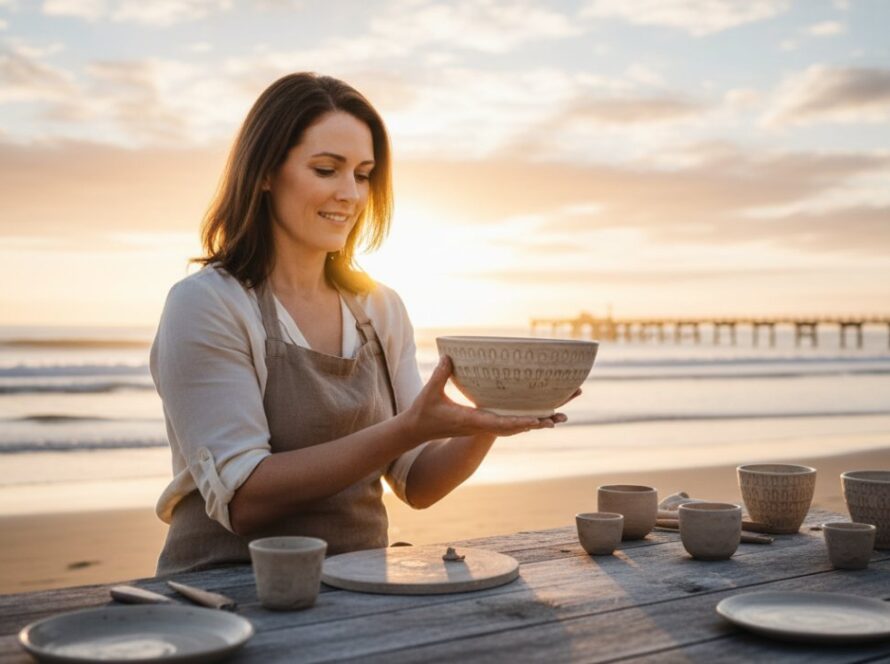 A vibrant, professionally color-graded photograph capturing an entrepreneur's authentic coastal business branding Balnarring Beach Victoria session, featuring dynamic natural light highlighting their product against the serene beach backdrop at sunrise.