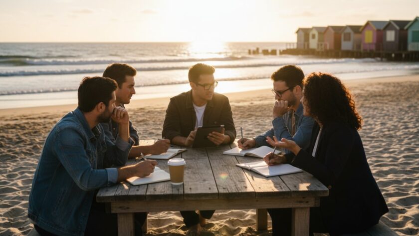 An epic moment of a creative professional being interviewed on Balnarring Beach at sunset, beautifully captured by coastal editorial storytelling Balnarring Beach photographers with dramatic, warm light, reflecting their passion and the stunning coastal environment.