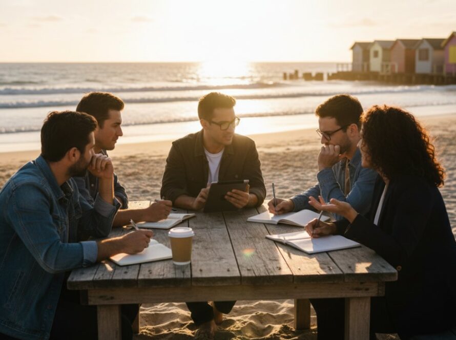 An epic moment of a creative professional being interviewed on Balnarring Beach at sunset, beautifully captured by coastal editorial storytelling Balnarring Beach photographers with dramatic, warm light, reflecting their passion and the stunning coastal environment.