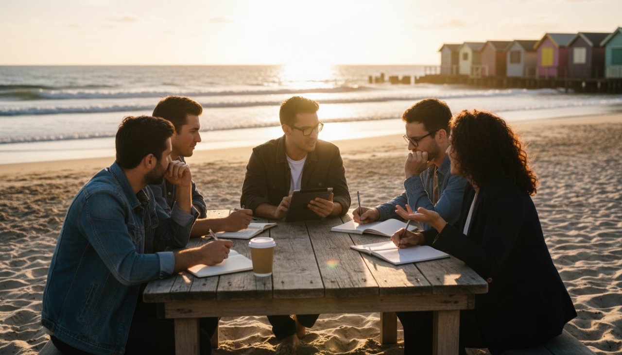 An epic moment of a creative professional being interviewed on Balnarring Beach at sunset, beautifully captured by coastal editorial storytelling Balnarring Beach photographers with dramatic, warm light, reflecting their passion and the stunning coastal environment.