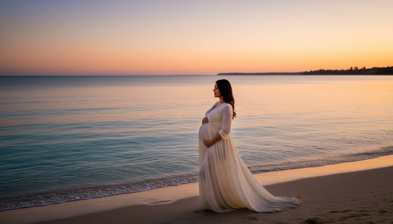 A radiant pregnant woman in a flowing white gown, silhouetted against a dramatic sunset over the turquoise waters of Safety Beach, showcasing the serene beauty of Coastal Maternity Photography Mount Martha Victoria.